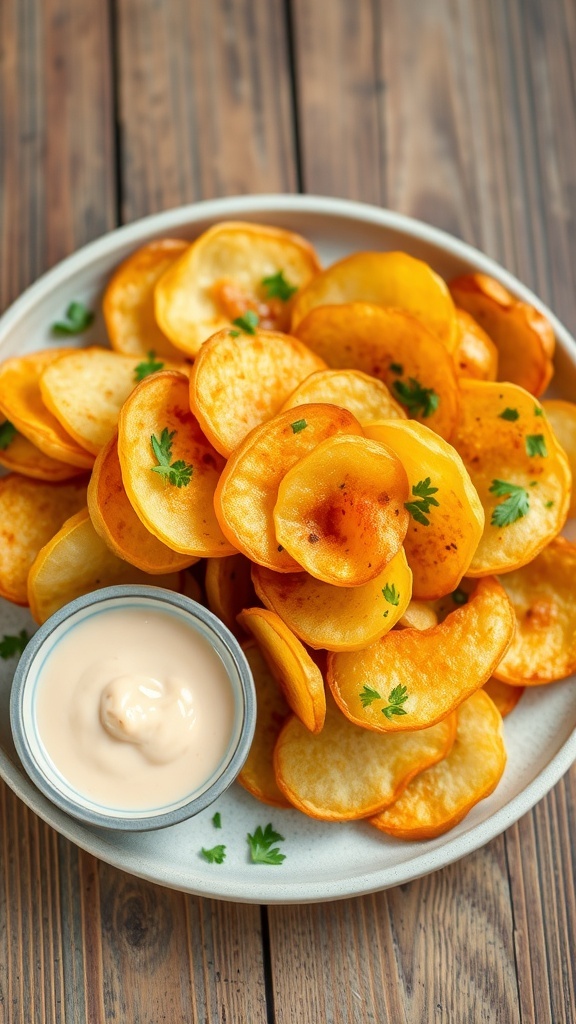 Crispy air fryer chips on a plate, garnished with herbs, with a dipping sauce on the side.